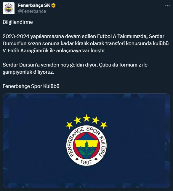 Gittiği gibi geri döndü! Serdar Dursun tekrar Fenerbahçe'de