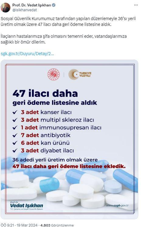 Kanser ve diyabetin de olduğu 47 ilaç geri ödeme listesine alındı