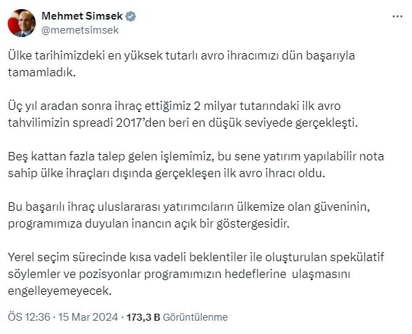 Bakan Şimşek duyurdu! Türkiye, tarihinin en yüksek tutarlı euro ihracını gerçekleştirdi