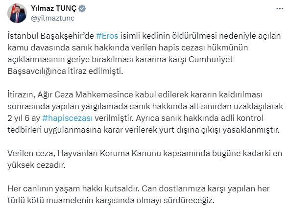 Bakan Tunç'tan kedi Eros'u öldüren İbrahim Keloğlu için verilen tahliye kararına ilk yorum