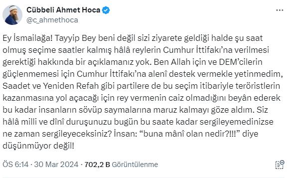 Cemaatten atılan Cübbeli, Cumhurbaşkanı Erdoğan'ın ziyareti sonrası isyan etti: Şu saat olmuş açıklamanız yok