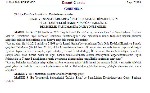 Ekmek ve simit fiyatının belirlenmesinde Ticaret Bakanlığı'ndan görüş alınacak