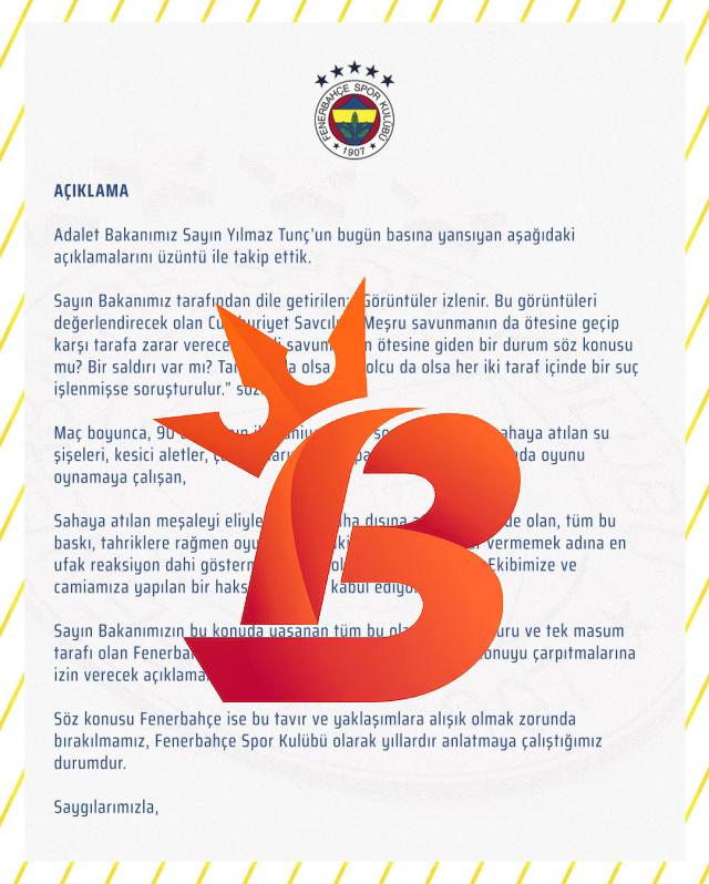 Fenerbahçe'den Adalet Bakanı Yılmaz Tunç'a yanıt: Açıklamalarını üzüntü ile takip ettik