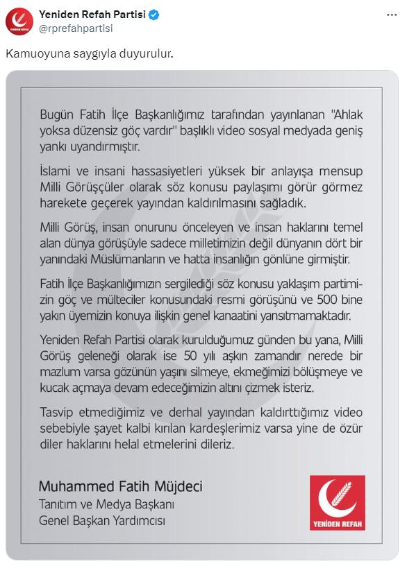 Yeniden Refah, Fatih adayı Özkarataşlıoğlu'nun göçmenleri hedef alan paylaşımı için özür diledi