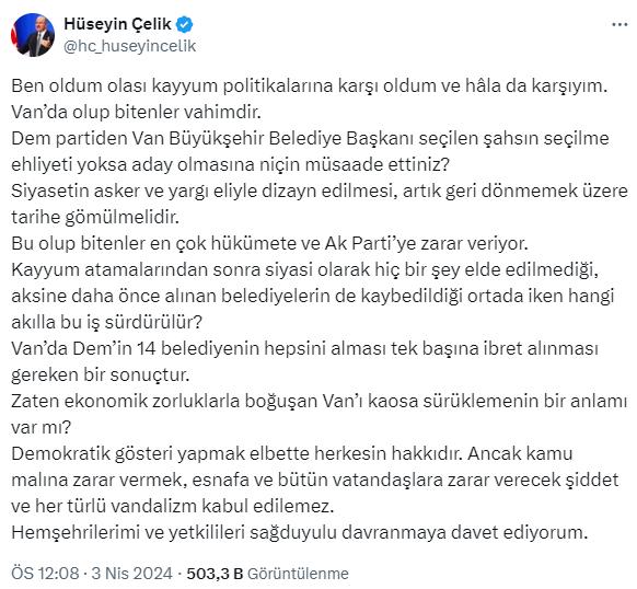 AK Partili Hüseyin Çelik'ten Van'daki mazbata kararına tepki: Olup bitenler vahimdir