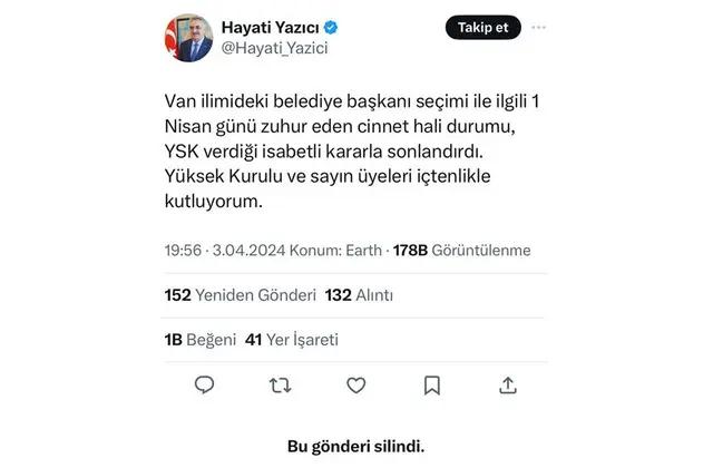 YSK, Van'da mazbatayı DEM Parti'ye iade etti! AK Partili Hayati Yazıcı önce paylaştı, sonra sildi