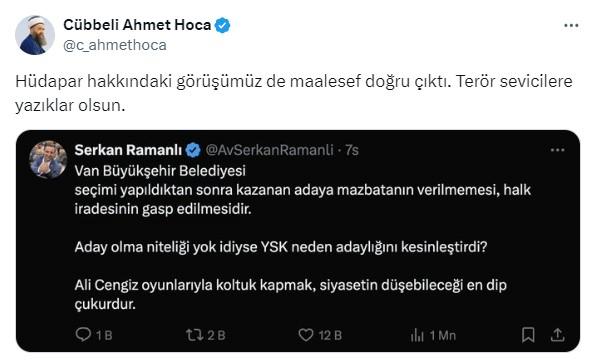 Cübbeli Ahmet Hoca'dan HÜDA PAR'a 'Van' tepkisi: Terör sevicilere yazıklar olsun