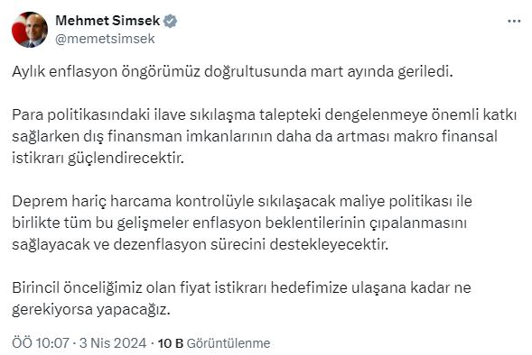 Mehmet Şimşek'ten mart ayı enflasyon rakamlarıyla ilgili ilk yorum