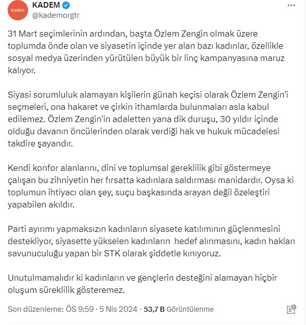 Seçimde AK Parti'deki oy kaybının sorumlusu olarak hedef gösterilen Özlem Zengin'e KADEM sahip çıktı