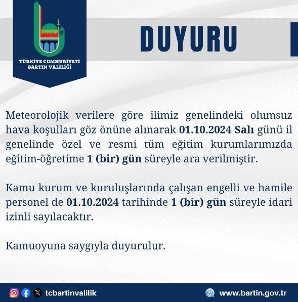 Bartın Üniversitesi, Zonguldak Bülent Ecevit Üniversitesi, Samsun 19 Mayıs Üniversitesi 1 Ekim okul yok mu, resmi tatil mi?