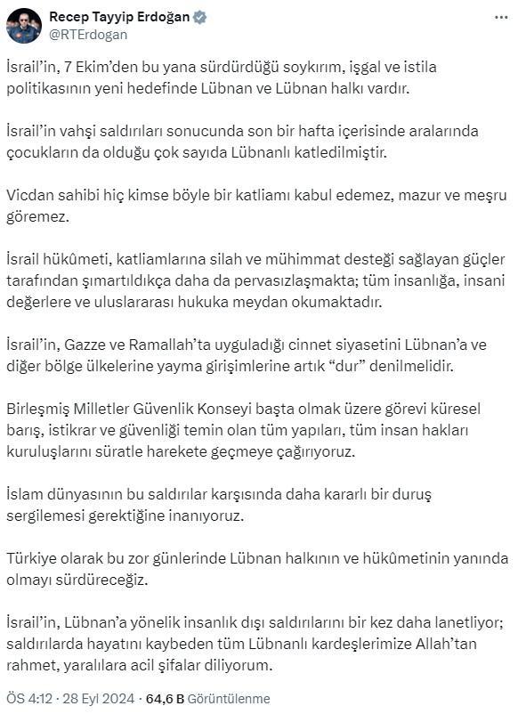 Cumhurbaşkanı Erdoğan'dan BM'ye Lübnan çağrısı: İsrail'e karşı süratle harekete geçilmeli