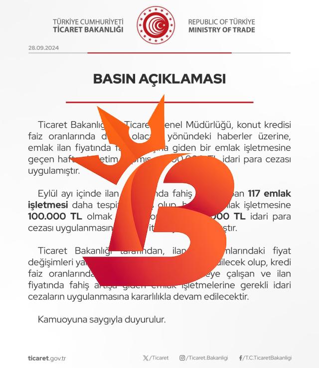 Ticaret Bakanlığı'ndan emlak işletmelerine ceza: 11 milyon 700 bin TL