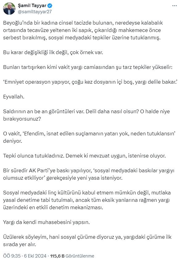 AK Partili Şamil Tayyar, İstanbul'daki tecavüz girişimi üzerinden yargıyı hedef aldı