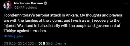 Barzani 'Ankara'daki terör saldırısını kınıyorum'