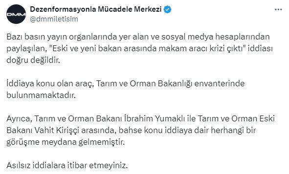 Tarım ve Orman Bakanlığı'nda Makam Aracı Kavgası İddiasına Yalanlama